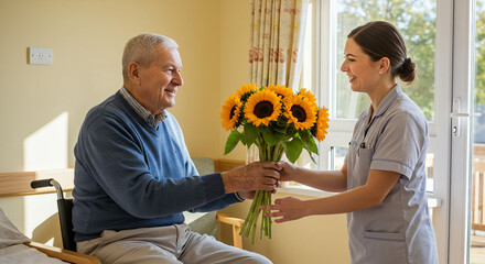 Nurse Giving Flowers to Elderly Patient for International Nurses Day Celebration