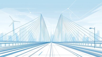 Obraz premium Abstract cityscape bridge with wind turbine, futuristic urban highway