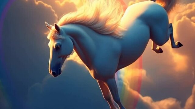 White horse floats in clouds seamless looping 4k time-lapse animation video background