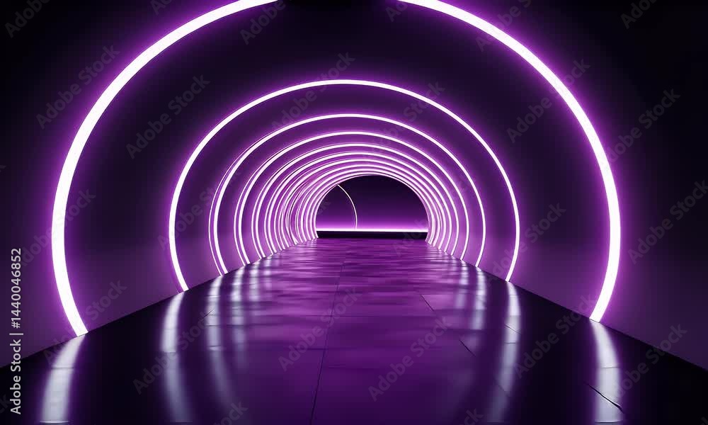 Poster 3d render, abstract futuristic background with glowing neon lines and round arches on a purple-black