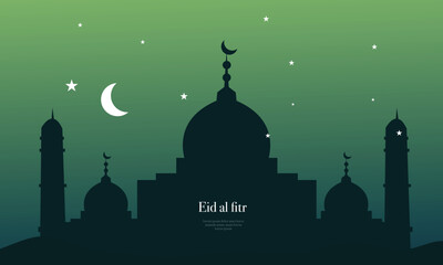 Mosque silhouette with crescent and Eid al-Fitr text