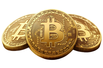 Three golden bitcoins on a transparent background