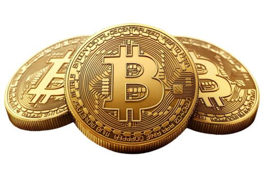 Three golden bitcoins on a transparent background