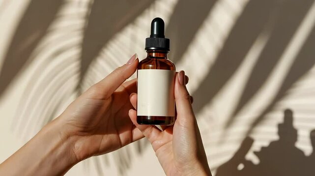 Dark amber glass bottle in female hand. Natural skin care SPA beauty product design. Mineral organic oil cosmetics on beige background. Mock-Up. Oily pipette. Face and body treatment. Blank logo label