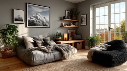 Cozy modern living room interior with large windows and comfortable seating