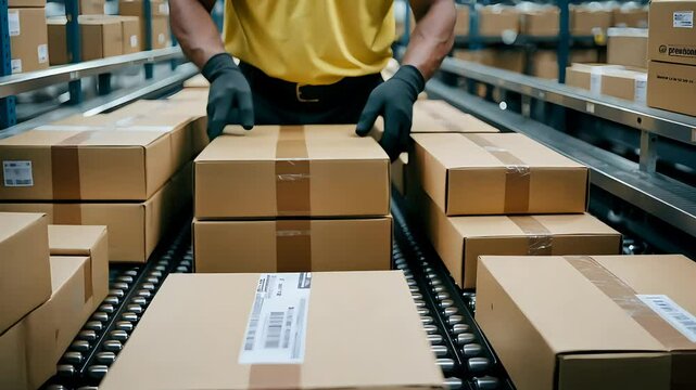 Warehouse Worker Sorting Packages on Conveyor Belt in Distribution Center, Wearing Gloves and Yellow Shirt for Safety

