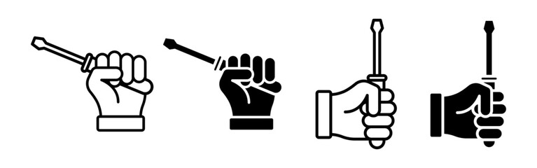 Vector isolated Screw Driver in Hand icon set in black outline and fill