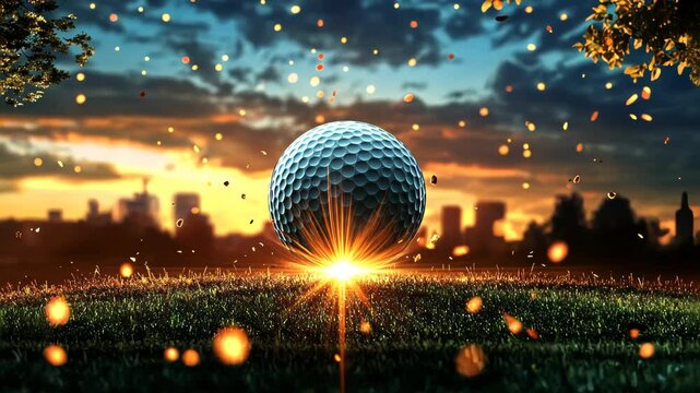 Stunning Sunrise Over Golf Ball on Course with City Skyline View