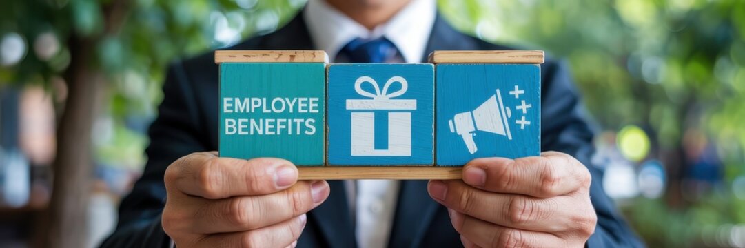 Person holding employee benefits blocks.