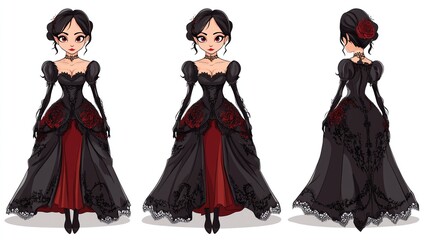 Three views of a gothic-style girl in a black and red dress.