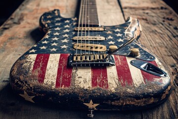 Grungy vintage electric guitar with bold American flag artwork placed on a rustic wooden table