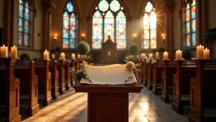 Serene interior of a countryside church with wedding banns on a podium surrounded by candlelight
