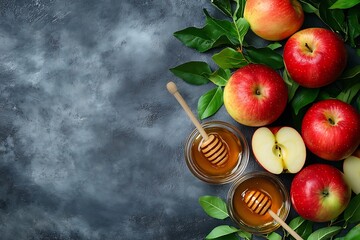 Sweet Rosh Hashanah Honey apples leaves on rustic background warm golden tones overhead shot