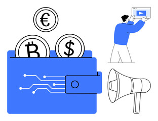 Digital wallet containing cryptocurrency icons Bitcoin, Euro, and Dollar. Person holding a video window and speaker symbolizing marketing, cryptocurrency, fintech. Ideal for fintech, cryptocurrency