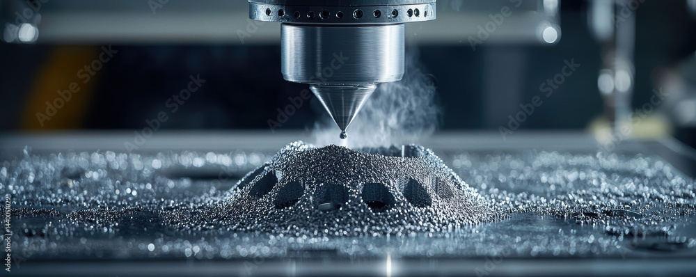 Poster high precision metal machining process with cnc machine creating intricate designs, additive manufac