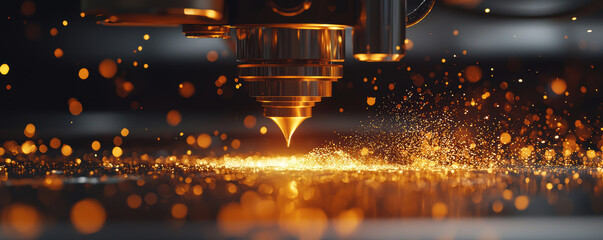 close up view of precision machine tool creating intricate designs with golden sparks flying, additive manufacturing