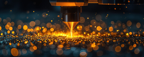 High tech laser cutting machine creating sparks and glowing particles in dark workshop, additive manufacturing