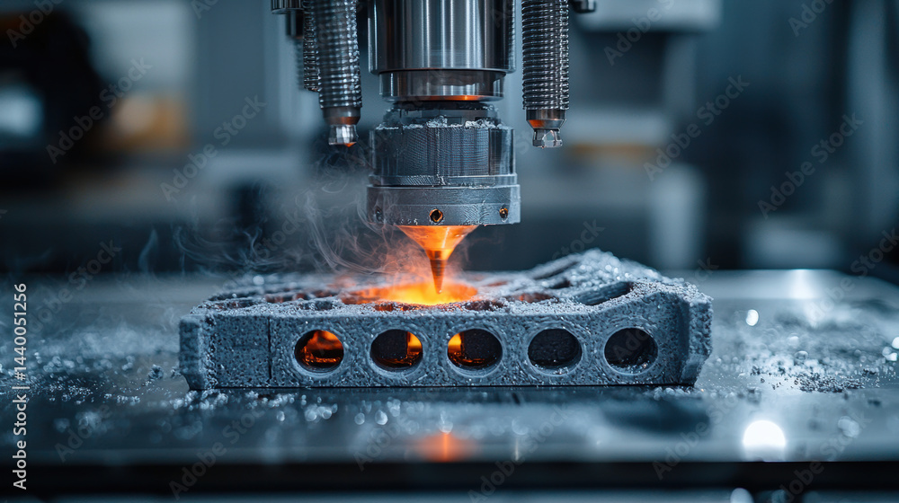 Poster high tech machine tool creating metal part with precision sparks and smoke. additive manufacturing