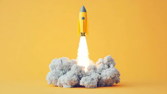 A Yellow Rocket Launching Upwards Through White Smoke on an Orange Background Success and Growth Concept