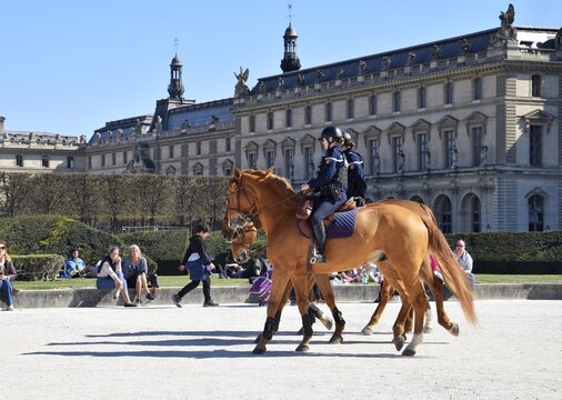 Paris, France. Female gendarmes patrol the city on horseback.