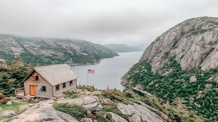 Fototapeta premium Serene Mountain Cabin overlooking a tranquil lake