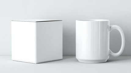 Minimalistic white mug and cube box on a light background, suitable for product showcasing