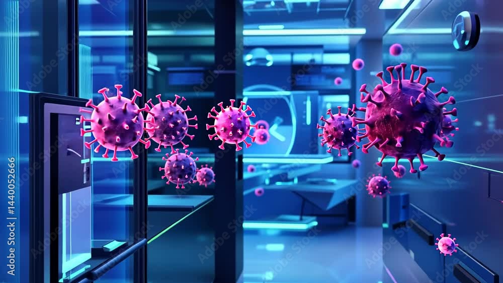 Poster exploring an advanced laboratory showcasing digital representations of viruses in a futuristic setti