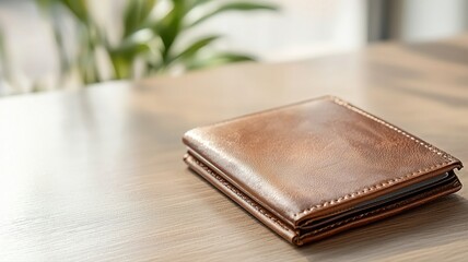 Leather Wallet on Wooden Table, Minimalist Style wallet leather brown table wood wooden minimalistic