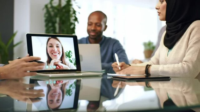 Diverse team in office video conference via laptop with Caucasian woman; includes Black man, woman in hijab. For remote work, global communication, virtual meetings. 4k 60 fps