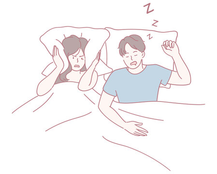 An engaging illustration of a couple in bed together, showcasing the challenges that snoring poses to sleep quality