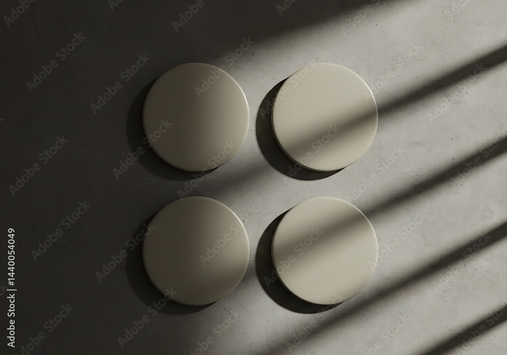 Poster minimalist presentation of coasters with interplay of light and shadow patterns