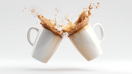 Two coffee mugs colliding mid-air, splashing liquid, with a clean white background