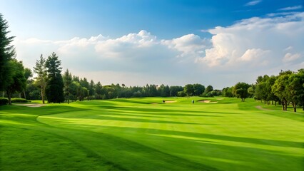 Fototapeta premium Beautiful golf course green landscape with blue sky and clouds