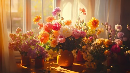 Bright and Colorful Flower Arrangement by the Window in Soft Light
