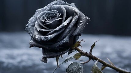 Single black rose dusted with pale frost
