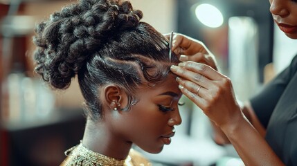 Hair stylist adding final touches to a client hairstyle.
