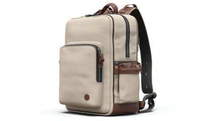 Stylish beige backpack with brown accents, displayed against a neutral background, ideal for travel
