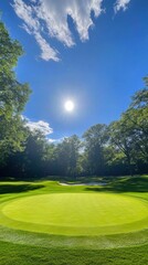 Obraz premium Serene Golf Course Landscape with Putting Green, Sand Trap, and Blue Sky