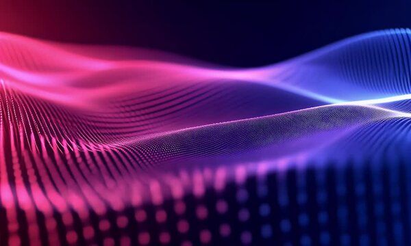 Abstract background with wavy lines and dots in blue, purple, and pink colors. Digital technology concept. Abstract digital sound wave 
