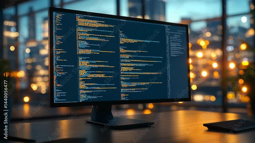 Poster a computer monitor displays colorful code in a modern office setting with city lights glowing outsid