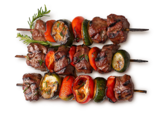 Grilled beef and mutton meat skewers isolated on white background. BBQ beef with vegetables grilled skewer meat isolated.
