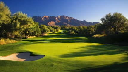 Scenic Golf Course with Lush Greenery and Blue Sky Background