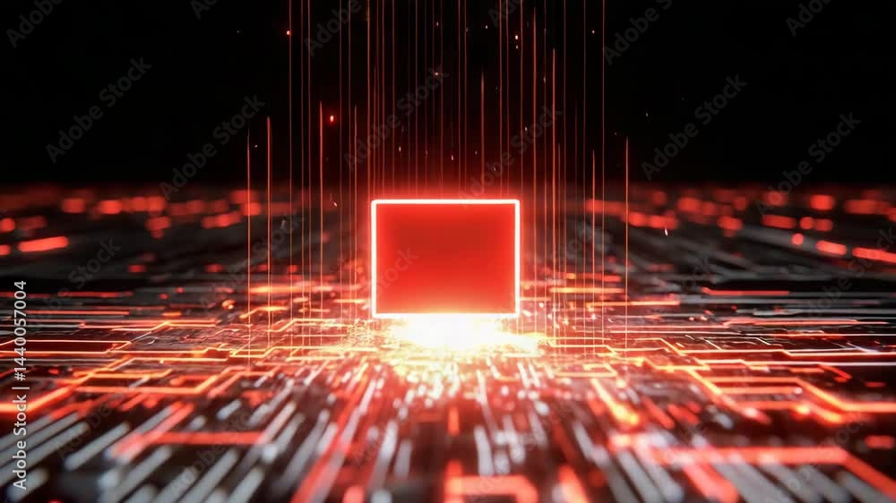 Poster a glowing red cube floats above a futuristic digital surface with neon lights and particles in a dar