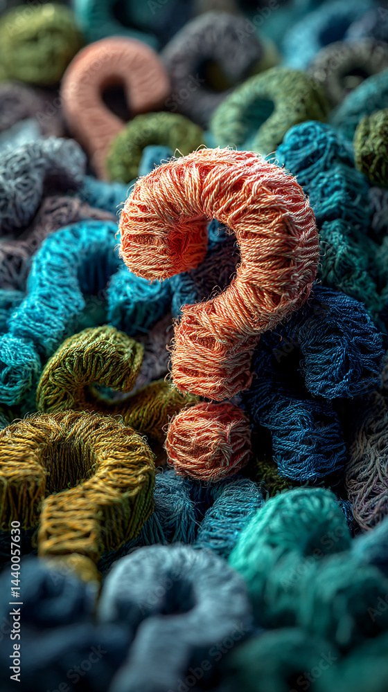 Poster Close-up of textured yarn question marks in various colors, creating a dense, abstract background, symbolizing uncertainty, inquiry, or choices