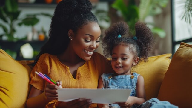Charming portrait of mother and daughter drawing together on a cozy couch