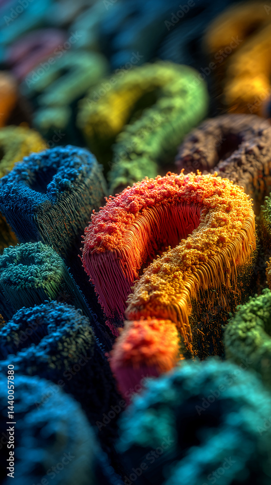 Aufkleber Close-up of colorful, textured, fibrous forms, resembling a question mark, creating an abstract and intriguing visual.  Suggests curiosity, complexity, and artistic expression