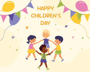 Fototapeta premium Happy International Children's Day. Group of cute smiling different nations boys and girls.Children together, multiethnic boys and girls. Kindergarten and school kids. Vector illustration flat cartoon