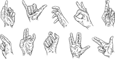 Hand drawn silhouettes hands gestures in engraved monochrome style. Set different design elements for grunge print. Modern vector retro illustrations with arm.