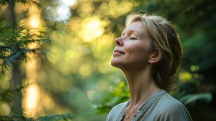Naklejka premium Woman standing in a green forest, breathing deeply.