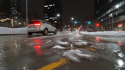 City street at night after snow.  Wet pavement reflecting city lights